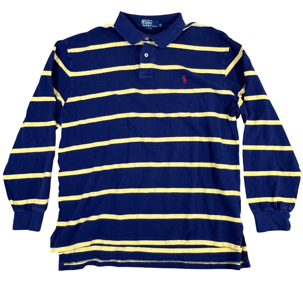 Polo Ralph Lauren Mens XL Long Sleeve Striped Polo Shirt Navy Blue Yellow Cotton